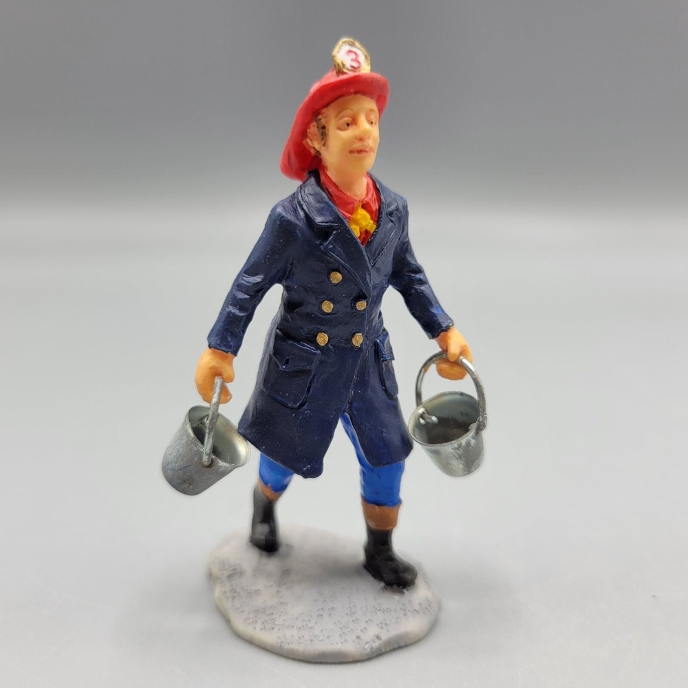 Vintage Lemax Firefighter Figurine With Buckets Red Hat Blue Uniform Collectible